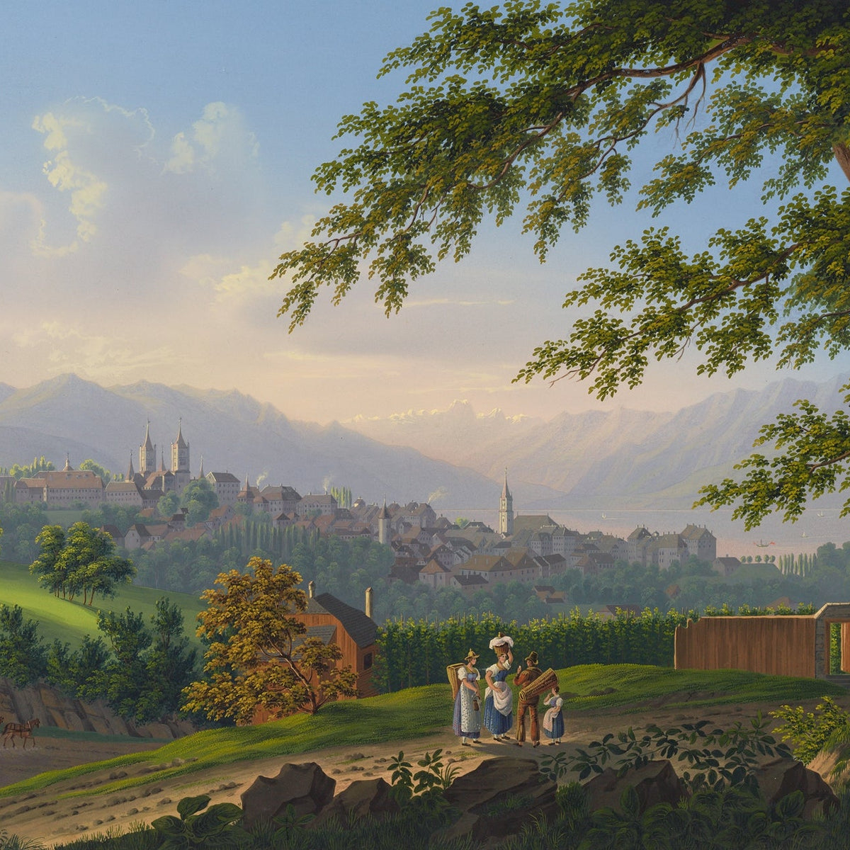 Hand-painted hilltop town and lake mountain panorama landscape oil painting on canvas