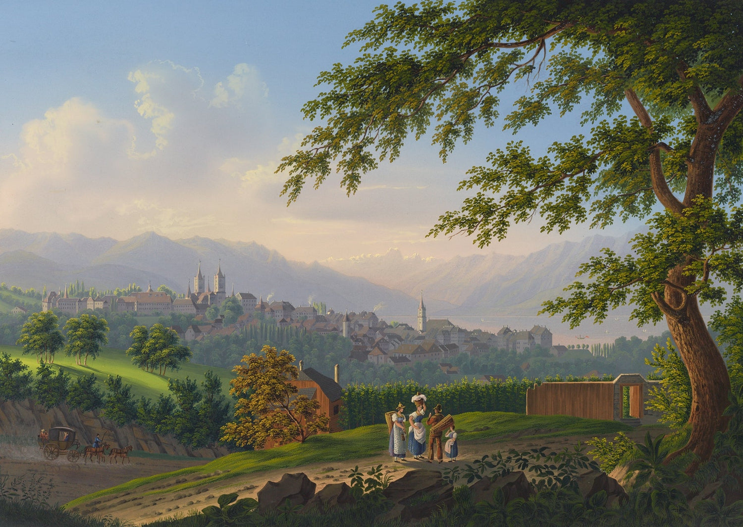 Hand-painted hilltop town and lake mountain panorama landscape oil painting on canvas