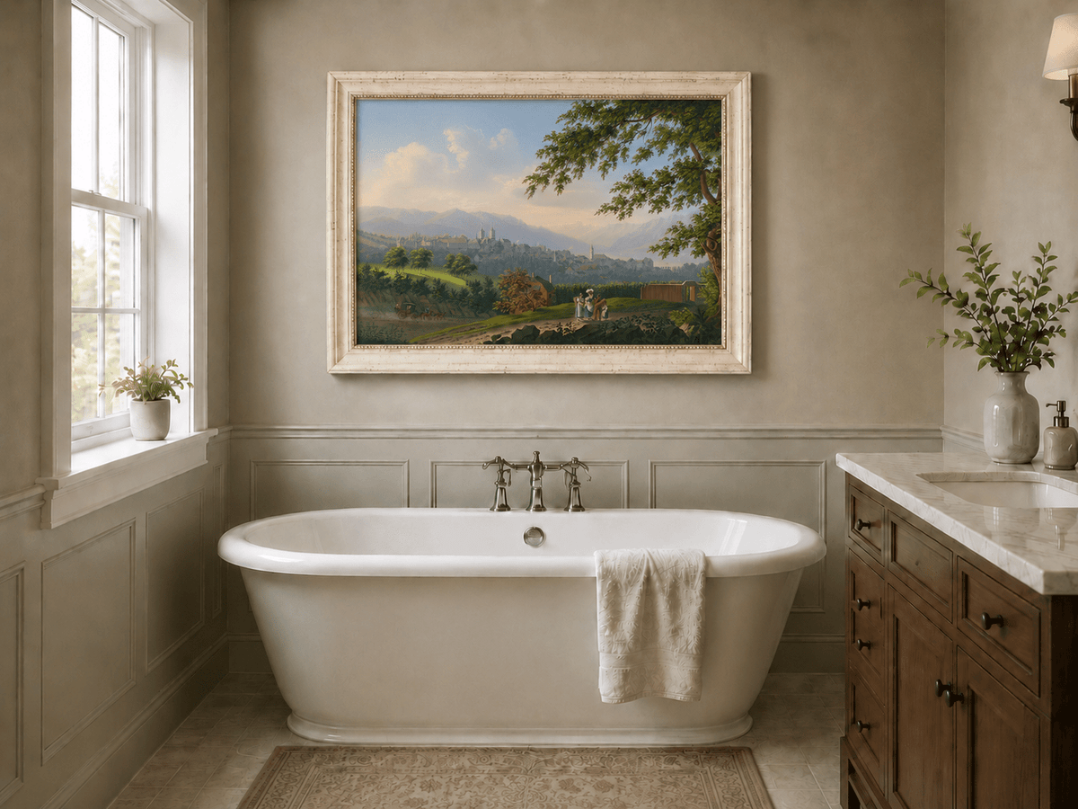 Landscape Oil Painting - Hilltop Town and Lake Mountain Panorama