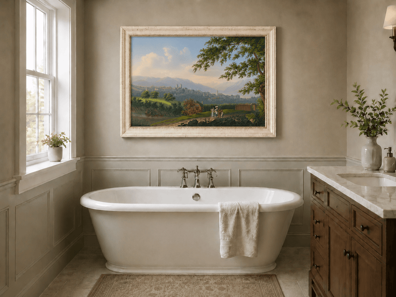 Landscape Oil Painting - Hilltop Town and Lake Mountain Panorama