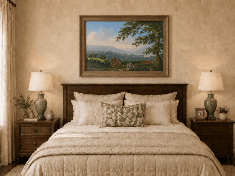 Landscape Oil Painting - Hilltop Town and Lake Mountain Panorama