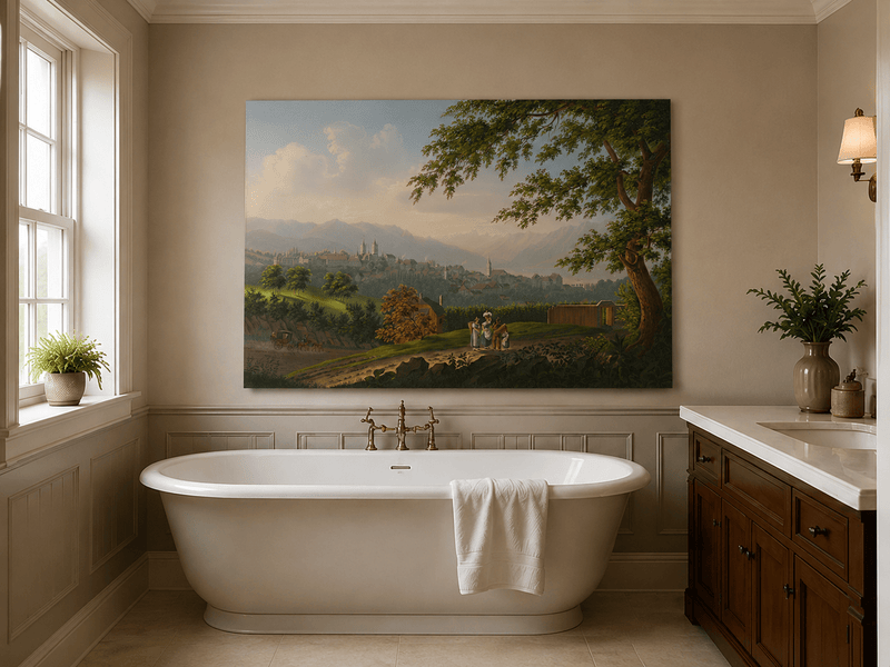 Landscape Oil Painting - Hilltop Town and Lake Mountain Panorama