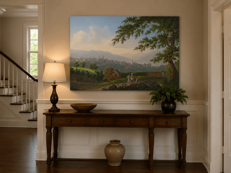 Landscape Oil Painting - Hilltop Town and Lake Mountain Panorama