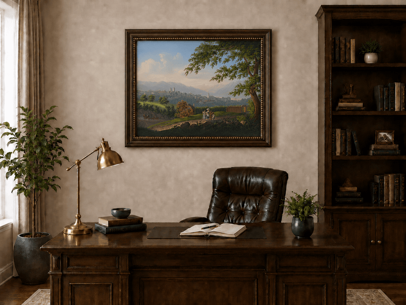 Landscape Oil Painting - Hilltop Town and Lake Mountain Panorama