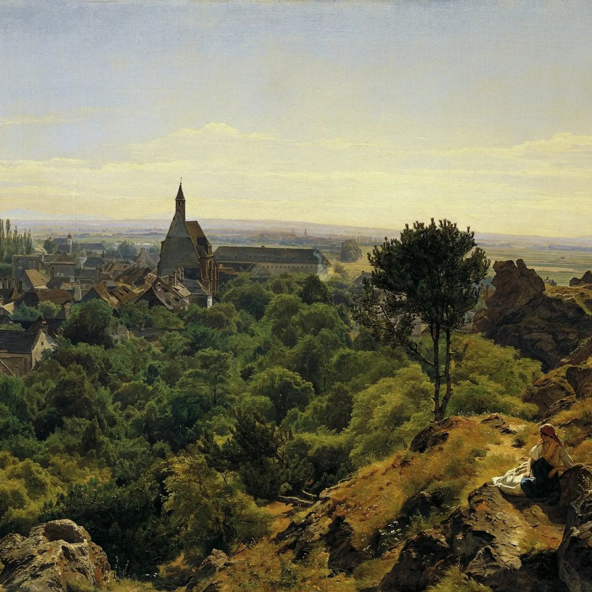 Landscape Oil Painting - Hilltop View of Town with Figure - Oil Painting Haven