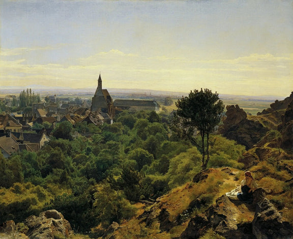 Landscape Oil Painting - Hilltop View of Town with Figure - Oil Painting Haven