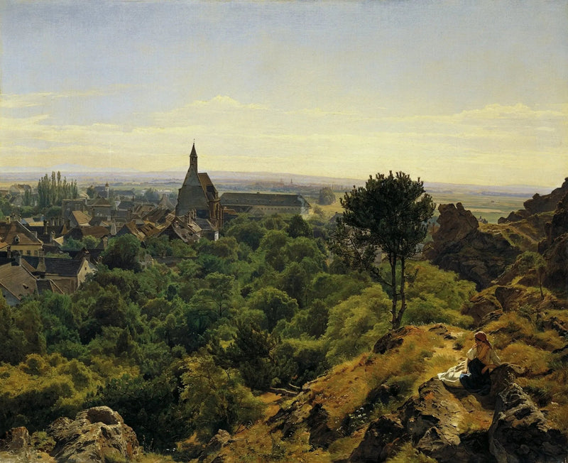 Landscape Oil Painting - Hilltop View of Town with Figure - Oil Painting Haven