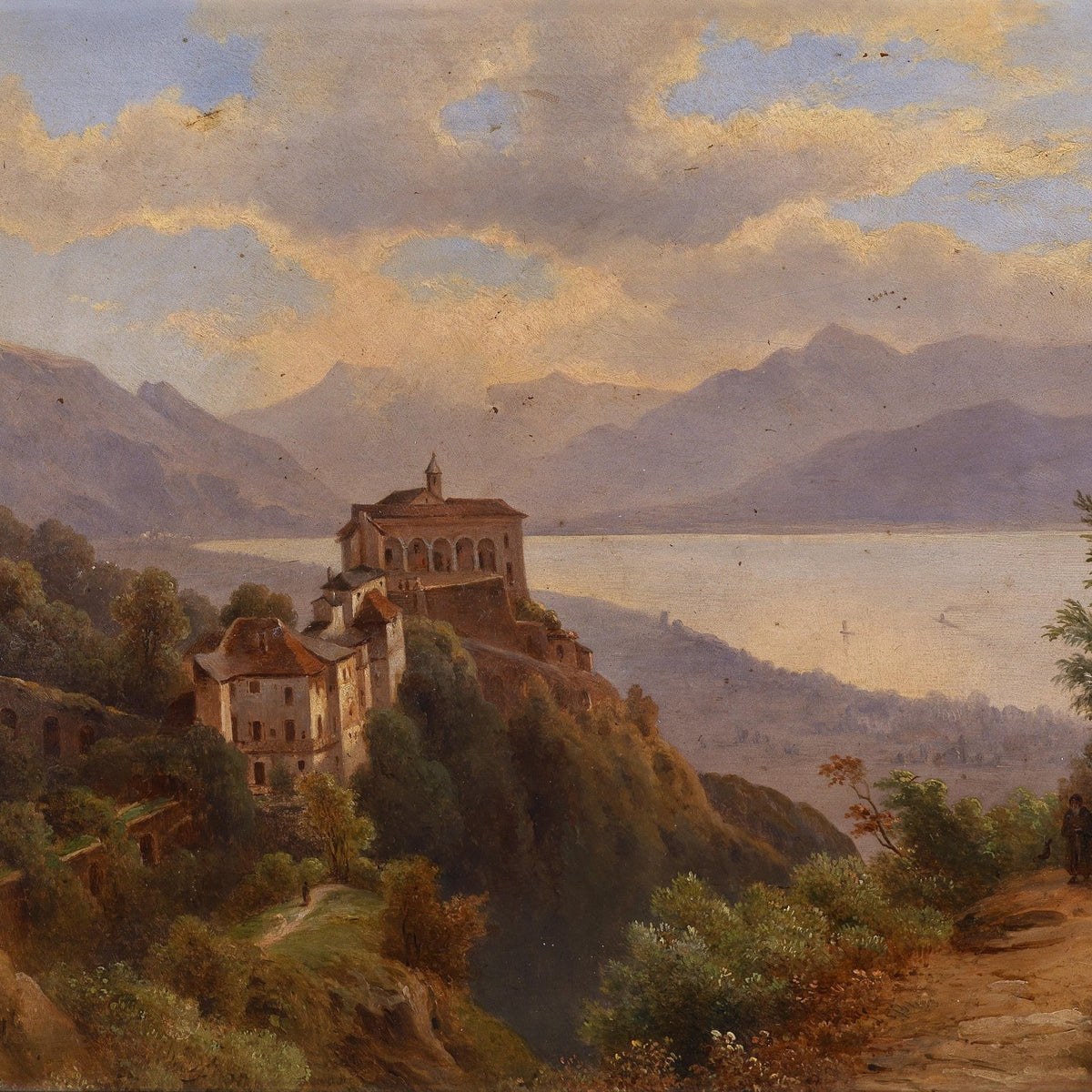 Landscape Oil Painting - Hilltop Villa Over Lake:Peaks & Path Figure - Oil Painting Haven