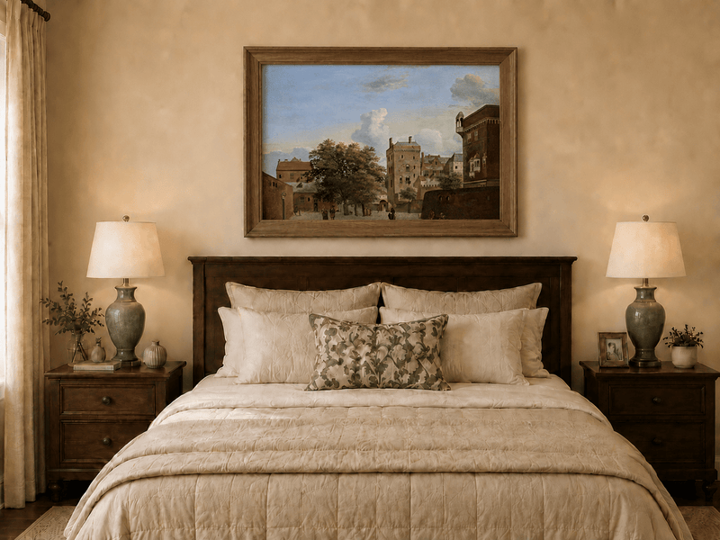 Landscape Oil Painting - Historic Brick Courtyard Town Scene