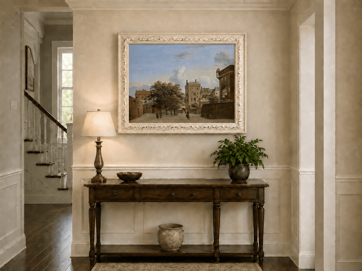 Landscape Oil Painting - Historic Brick Courtyard Town Scene
