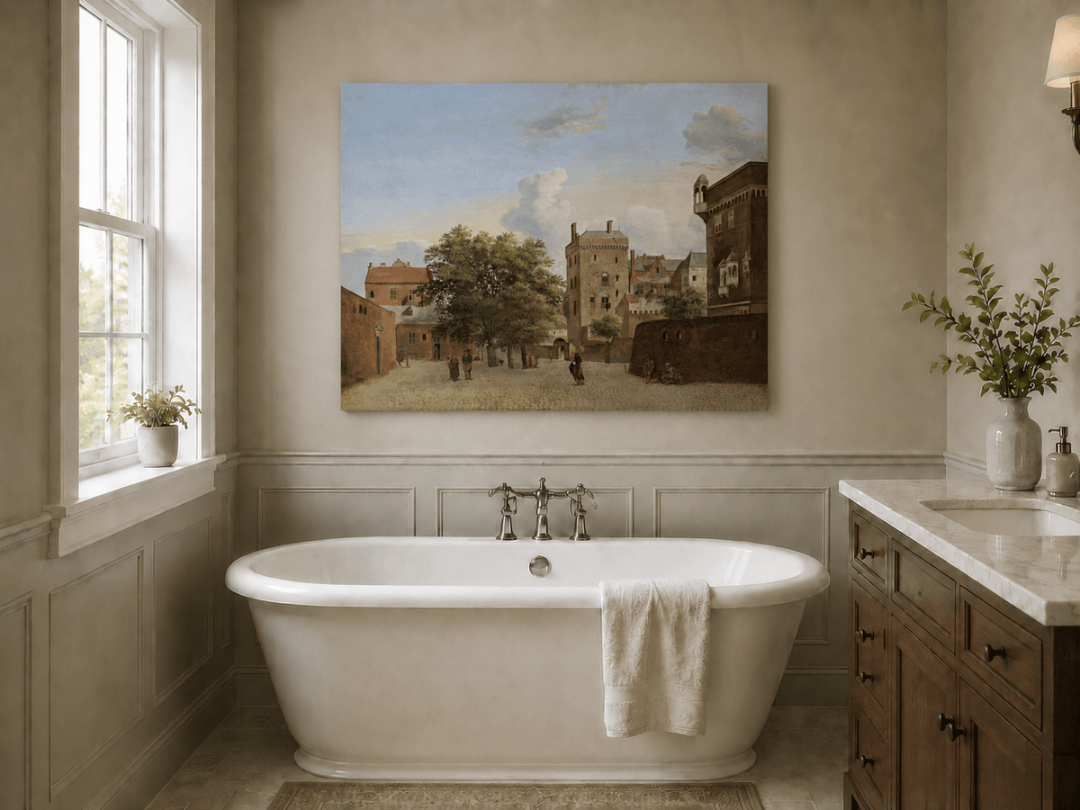 Landscape Oil Painting - Historic Brick Courtyard Town Scene