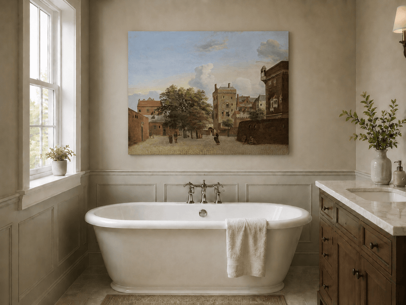 Landscape Oil Painting - Historic Brick Courtyard Town Scene