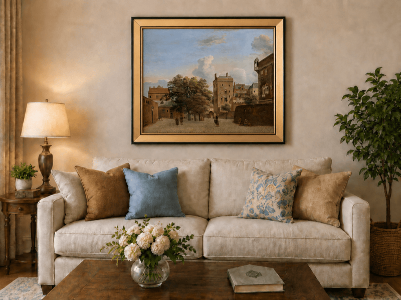 Landscape Oil Painting - Historic Brick Courtyard Town Scene