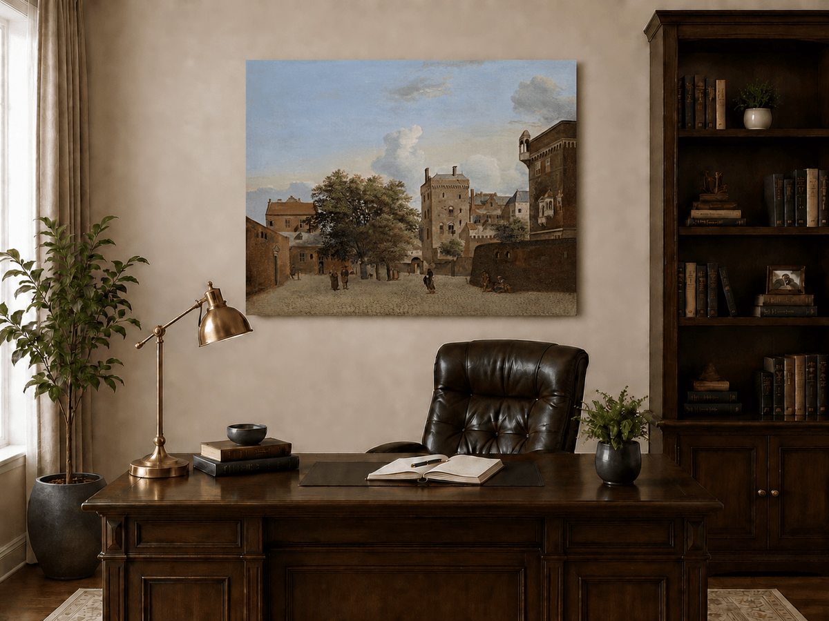 Landscape Oil Painting - Historic Brick Courtyard Town Scene