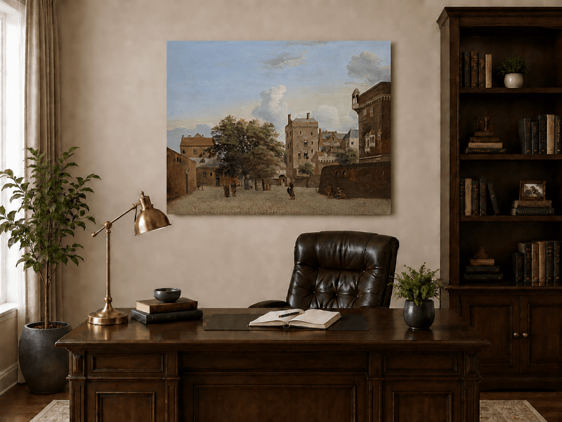 Landscape Oil Painting - Historic Brick Courtyard Town Scene