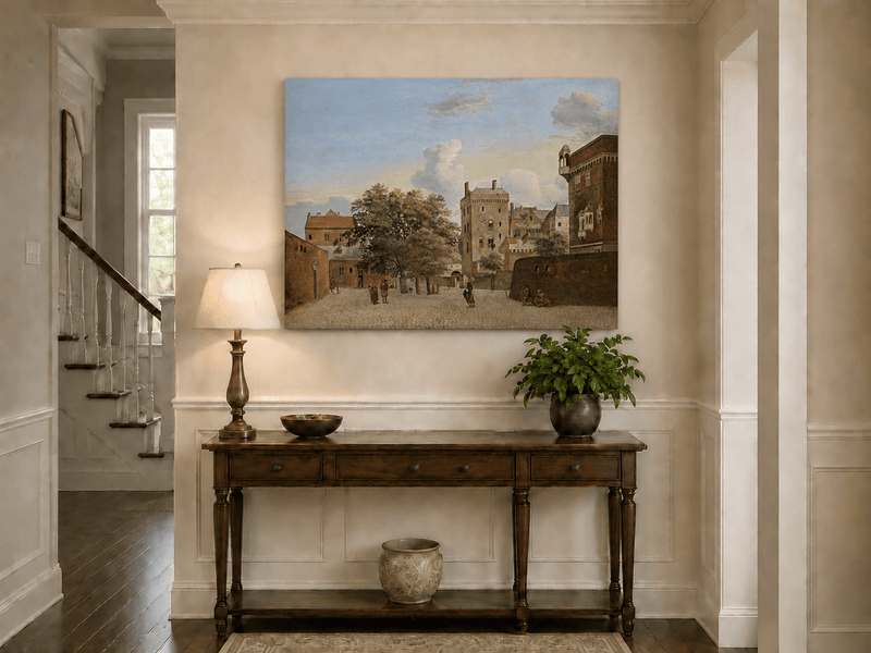 Landscape Oil Painting - Historic Brick Courtyard Town Scene