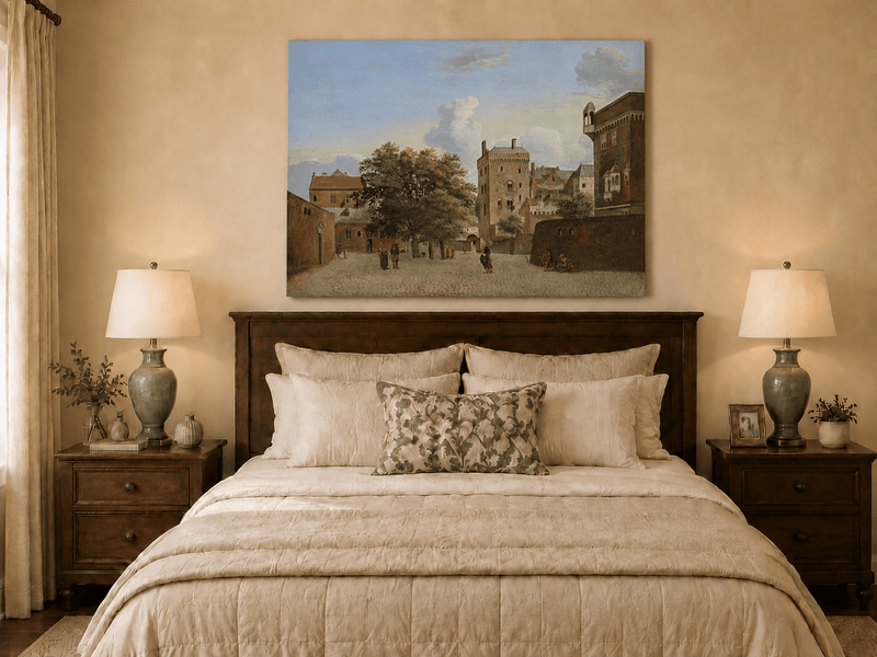 Landscape Oil Painting - Historic Brick Courtyard Town Scene