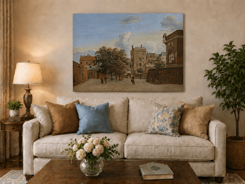Landscape Oil Painting - Historic Brick Courtyard Town Scene