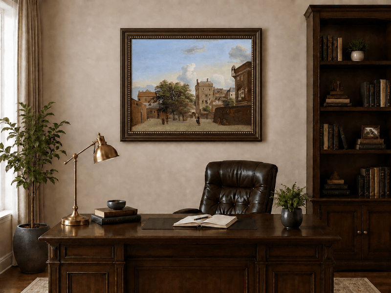 Landscape Oil Painting - Historic Brick Courtyard Town Scene