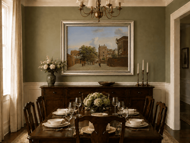 Landscape Oil Painting - Historic Brick Courtyard Town Scene