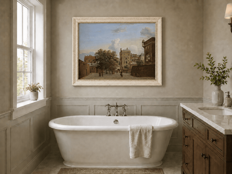 Landscape Oil Painting - Historic Brick Courtyard Town Scene