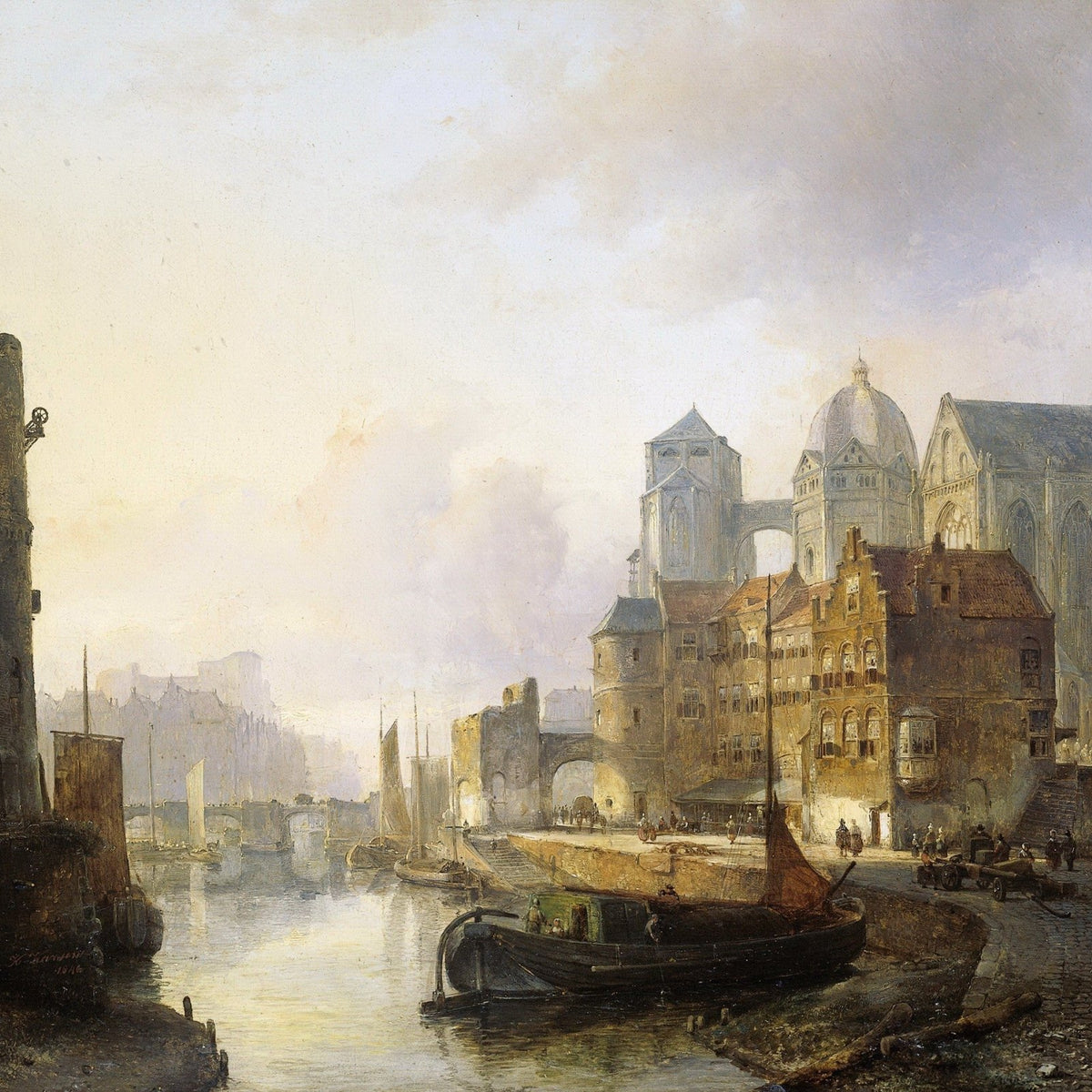 Hand-painted historic canal city with cathedral landscape oil painting on canvas