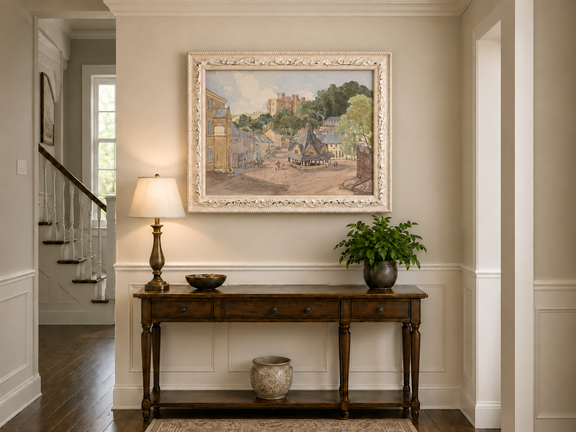 Hand-painted Historic Castle Village Market View landscape oil painting displayed as wall art in a styled interior
