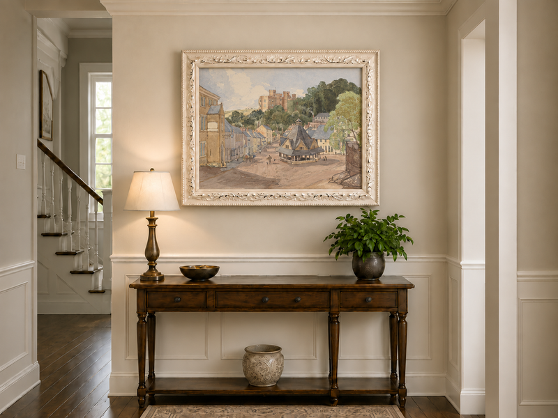 Hand-painted Historic Castle Village Market View landscape oil painting displayed as wall art in a styled interior