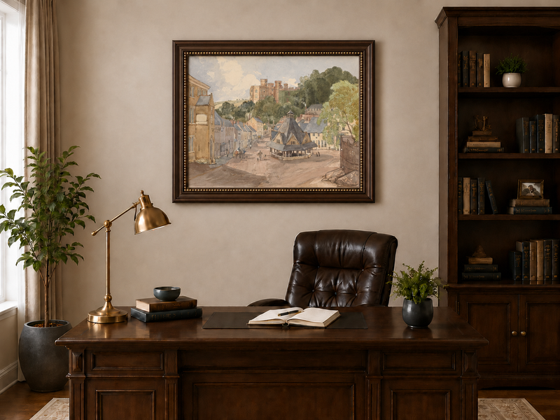 Hand-painted Historic Castle Village Market View landscape oil painting displayed as wall art in a styled interior
