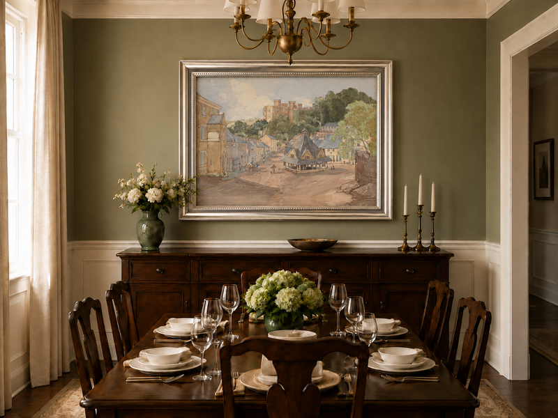 Hand-painted Historic Castle Village Market View landscape oil painting displayed as wall art in a styled interior
