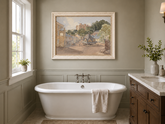 Hand-painted Historic Castle Village Market View landscape oil painting displayed as wall art in a styled interior