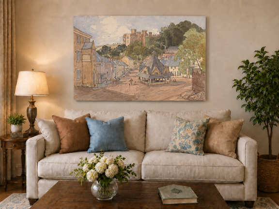 Hand-painted Historic Castle Village Market View landscape oil painting displayed as wall art in a styled interior