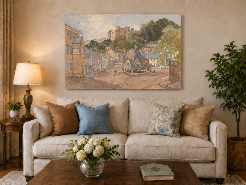 Hand-painted Historic Castle Village Market View landscape oil painting displayed as wall art in a styled interior
