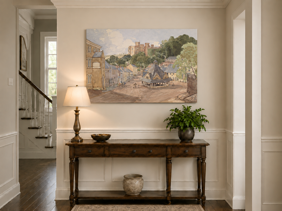 Hand-painted Historic Castle Village Market View landscape oil painting displayed as wall art in a styled interior