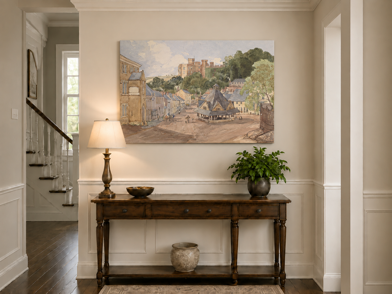 Hand-painted Historic Castle Village Market View landscape oil painting displayed as wall art in a styled interior