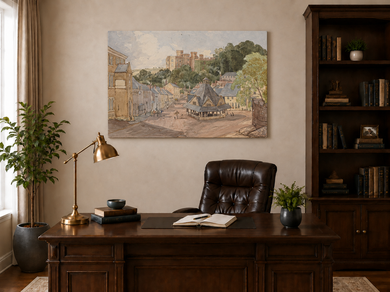 Hand-painted Historic Castle Village Market View landscape oil painting displayed as wall art in a styled interior
