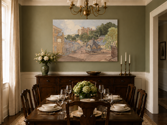 Hand-painted Historic Castle Village Market View landscape oil painting displayed as wall art in a styled interior