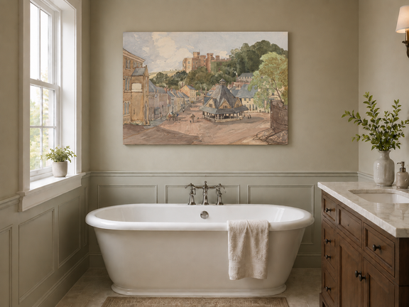 Hand-painted Historic Castle Village Market View landscape oil painting displayed as wall art in a styled interior