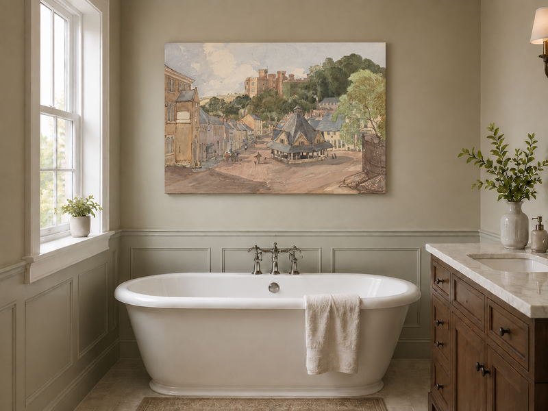 Hand-painted Historic Castle Village Market View landscape oil painting displayed as wall art in a styled interior