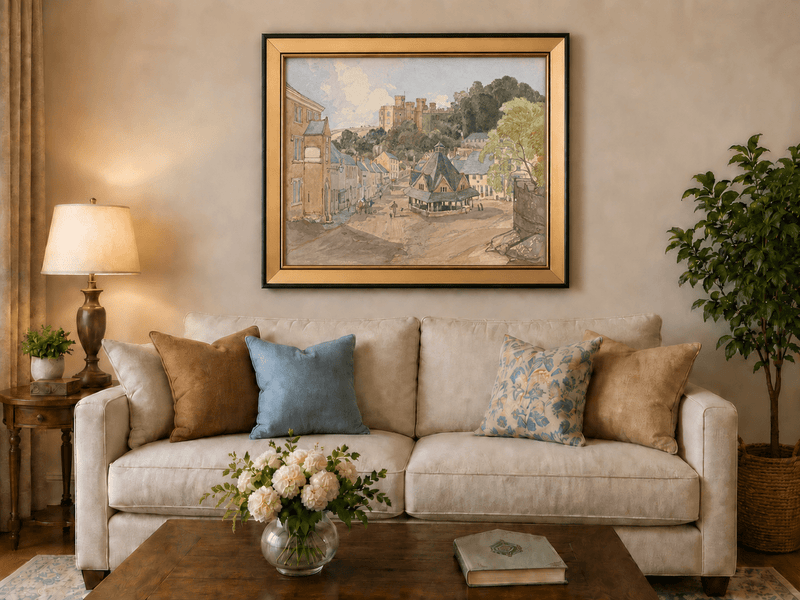 Hand-painted Historic Castle Village Market View landscape oil painting displayed as wall art in a styled interior