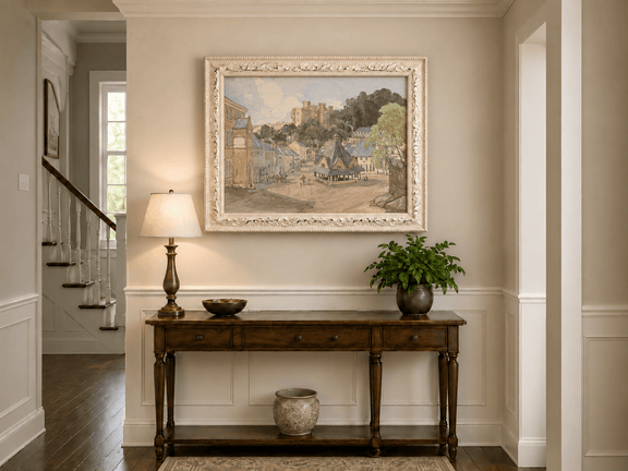 Hand-painted Historic Castle Village Market View landscape oil painting displayed as wall art in a styled interior