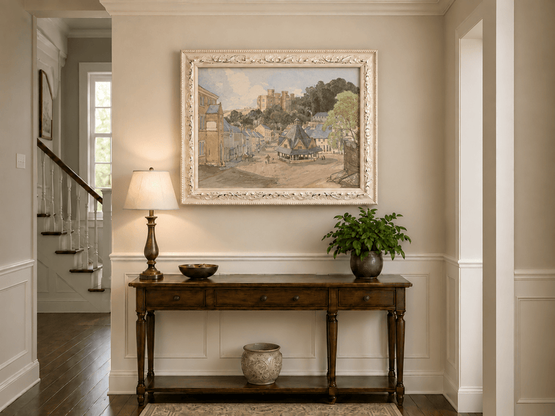Hand-painted Historic Castle Village Market View landscape oil painting displayed as wall art in a styled interior