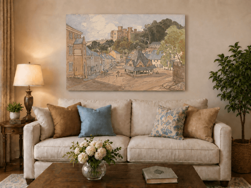 Hand-painted Historic Castle Village Market View landscape oil painting displayed as wall art in a styled interior