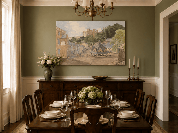 Hand-painted Historic Castle Village Market View landscape oil painting displayed as wall art in a styled interior