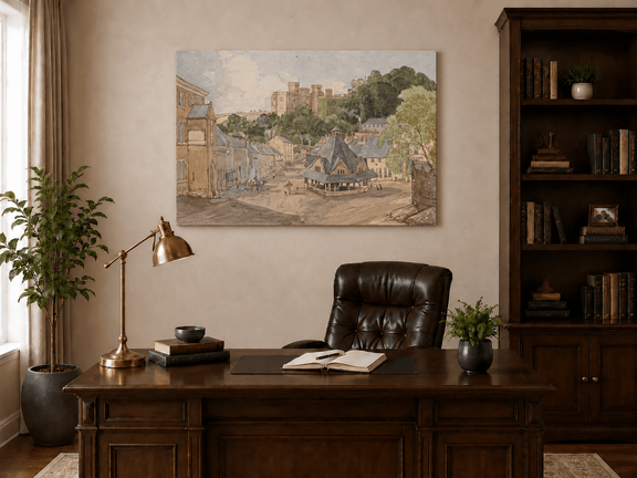 Hand-painted Historic Castle Village Market View landscape oil painting displayed as wall art in a styled interior
