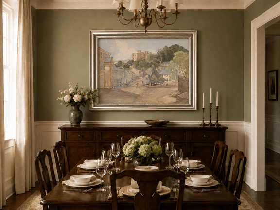 Hand-painted Historic Castle Village Market View landscape oil painting displayed as wall art in a styled interior