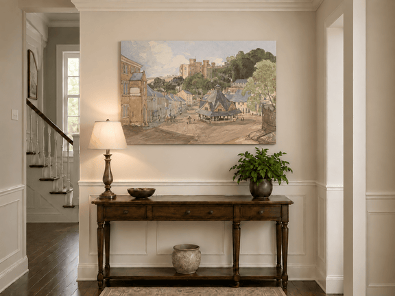 Hand-painted Historic Castle Village Market View landscape oil painting displayed as wall art in a styled interior
