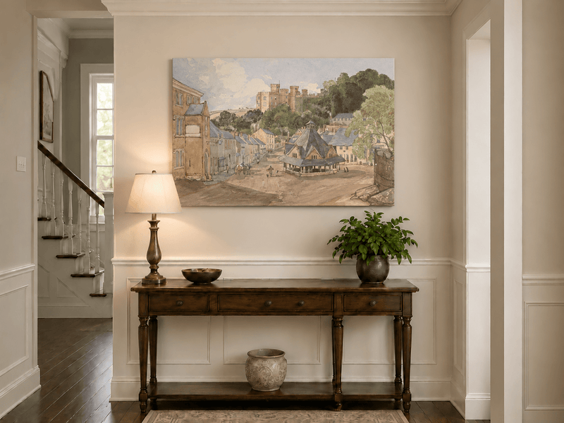 Hand-painted Historic Castle Village Market View landscape oil painting displayed as wall art in a styled interior
