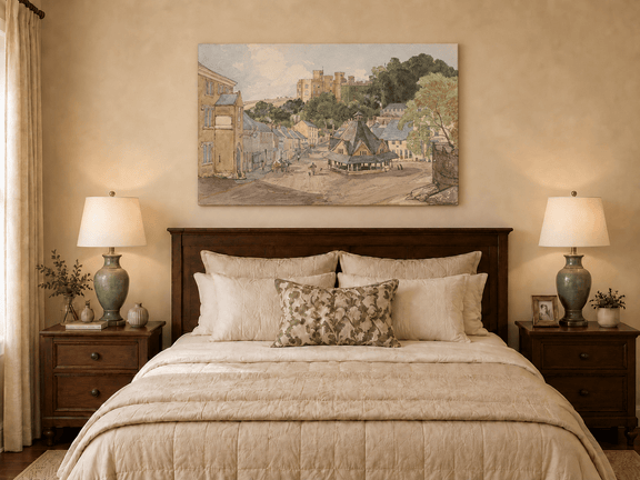 Hand-painted Historic Castle Village Market View landscape oil painting displayed as wall art in a styled interior