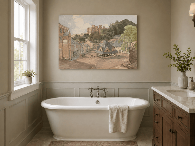 Hand-painted Historic Castle Village Market View landscape oil painting displayed as wall art in a styled interior